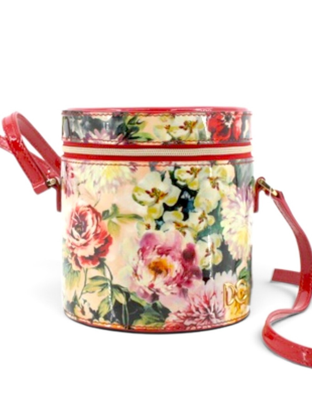 Dolce & Gabbana Floral Round Barrel Crossbody Bag in Red Trim